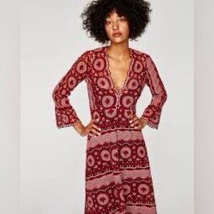 Zara Crocheted Lace Midi Dress in Burgundy and Pink